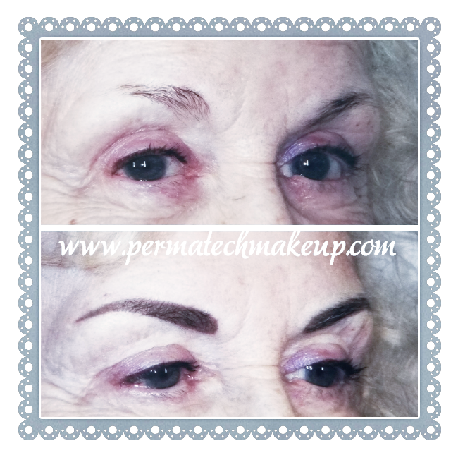 Before and after photo of eyebrows; top shows sparse brows, bottom shows filled-in, defined brows.