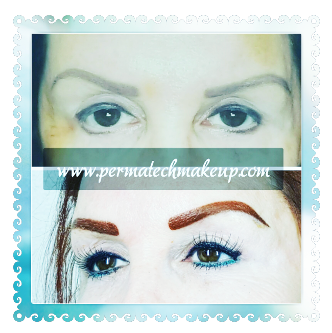 Before and after permanent makeup eyebrows. Top: faded. Bottom: defined and darker, with eyeliner.