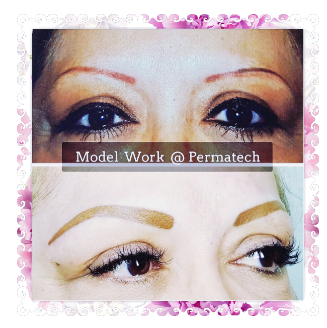Before-and-after of eyebrows; top shows sparse brows, bottom shows filled-in brows with enhanced eye makeup.
