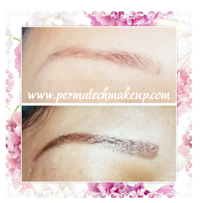 Eyebrow before and after permanent makeup. Top brow is light, bottom brow is darker and defined.