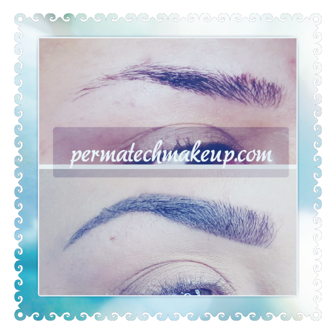 Two images of eyebrows, one above the other, demonstrating a before and after permanent makeup procedure.