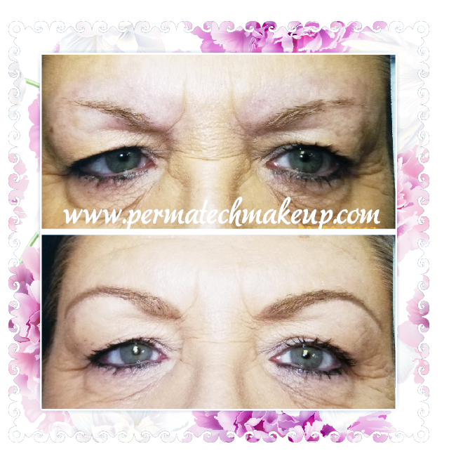 Before and after eyebrow enhancement; woman's eyes. Top: sparse brows. Bottom: filled-in brows with eyeliner.