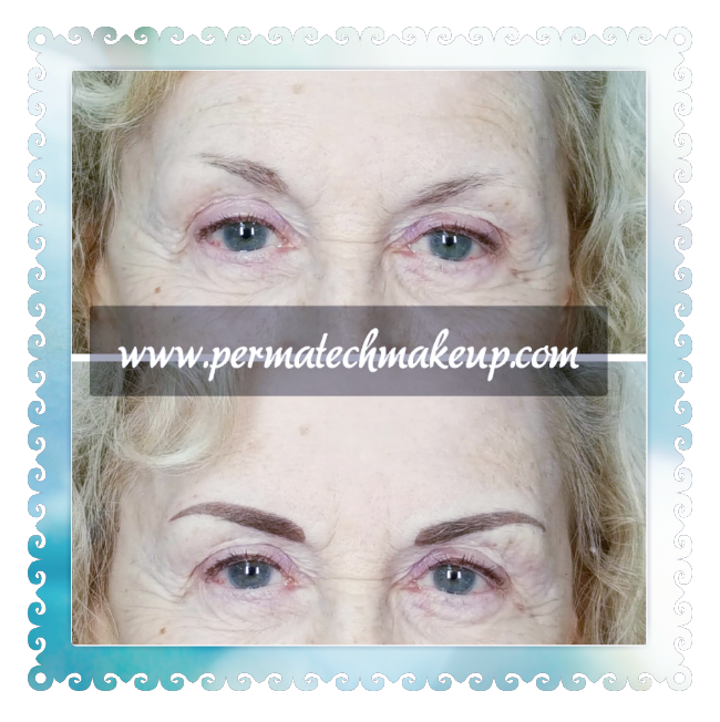 Before and after of a woman's eyebrows with permanent makeup. Top shows sparse brows, bottom shows filled-in, defined brows.