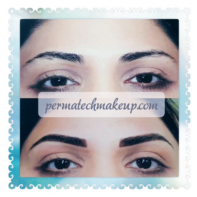 Before and after of eyebrow permanent makeup. Top shows sparse brows, bottom shows filled-in brows.