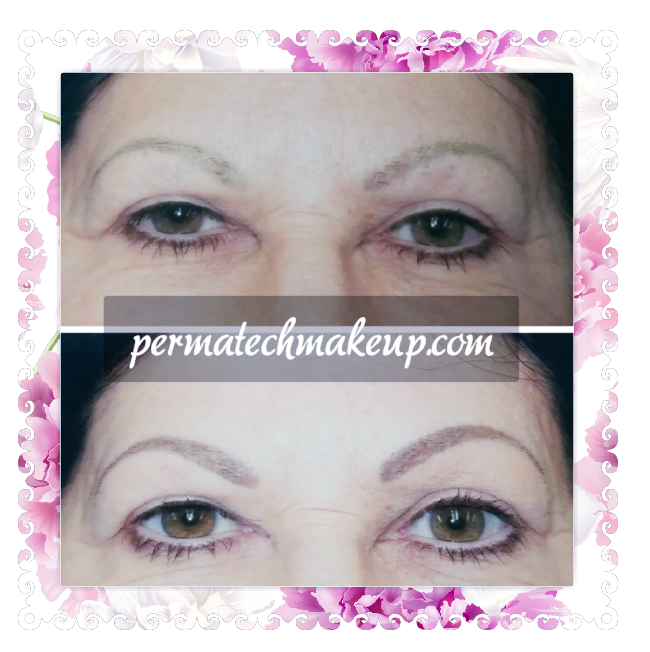 Before and after photos of eyebrows, showing a woman's brow transformation with permanent makeup.