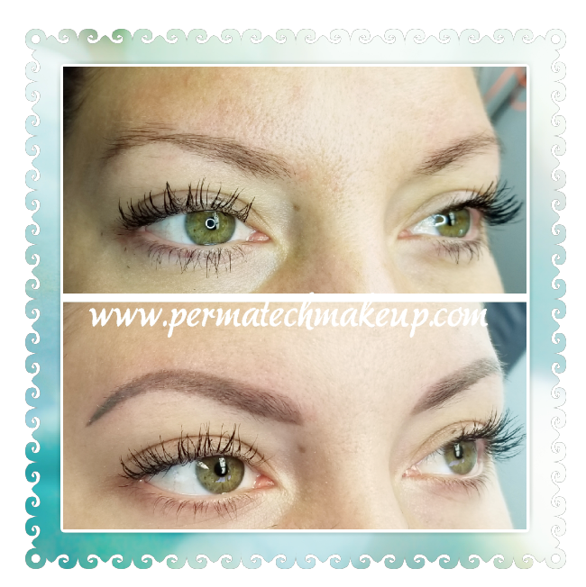 Comparison of eyebrows: before and after permanent makeup. Brown eyebrows, green eyes.