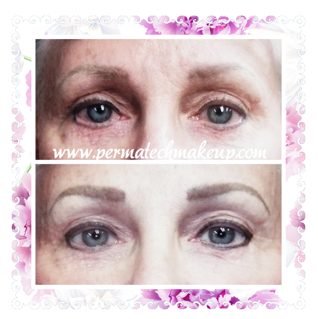 Before and after comparison of permanent eyebrow and eyeliner makeup on a person.