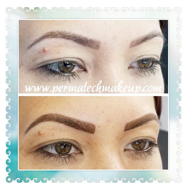 Eyebrow microblading before and after: lighter, sparse brows transformed into defined, darker, filled-in brows.
