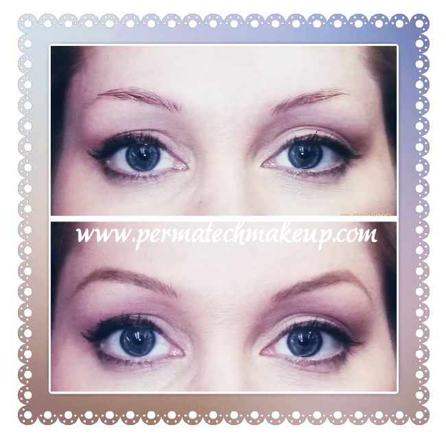 Before and after of permanent eyebrow makeup on a woman. The top shows sparse brows; the bottom, filled brows.