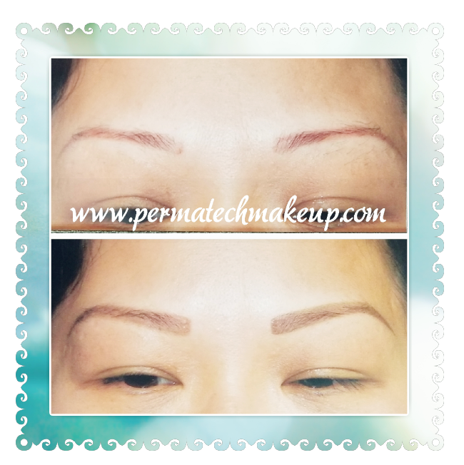 Before and after photos of eyebrow enhancements. Top: sparse brows; bottom: fuller brows.
