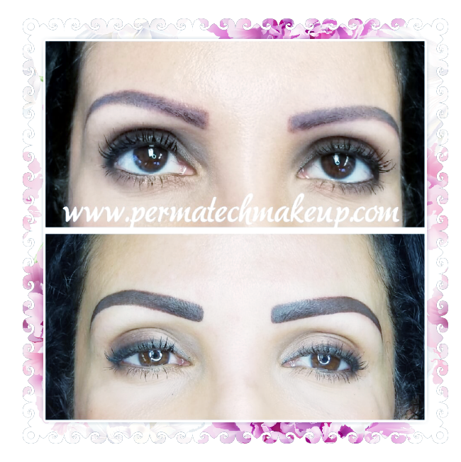 Before and after eyebrow permanent makeup; top: faded, bottom: filled in and defined.