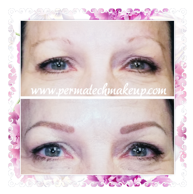 Before and after photos of a woman's eyebrows; top shows sparse brows, bottom shows filled-in, defined brows.