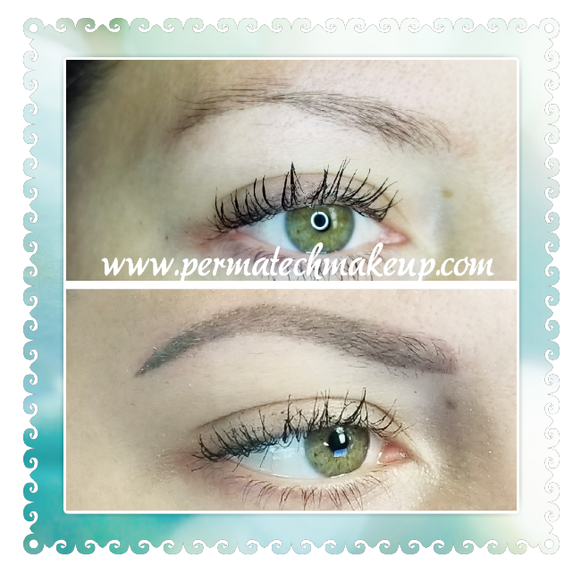 Two eyes: before and after eyebrow microblading. Green eyes with light-colored eyebrows transformed to defined, darker brows.