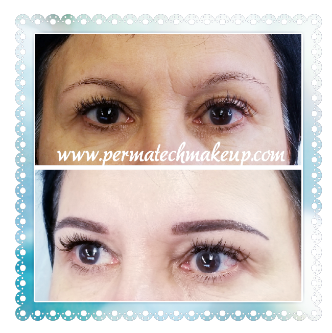 Before and after eyebrow permanent makeup; darker, defined eyebrows.