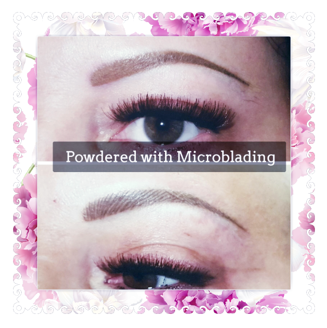 Before/after comparison of eyebrows: powdered with microblading, brown. Eye with long eyelashes framed by pink flowers.