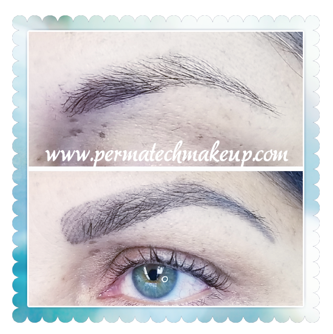 Before and after eyebrow microblading: upper brow sparse, lower brow filled, gray, eye visible.