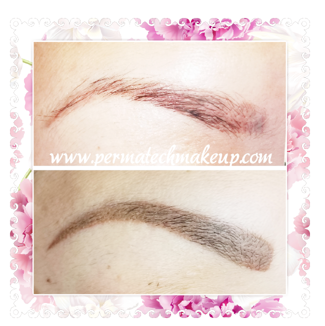 Before and after permanent makeup eyebrow enhancement. Top: Sparse brows. Bottom: Filled-in brows.