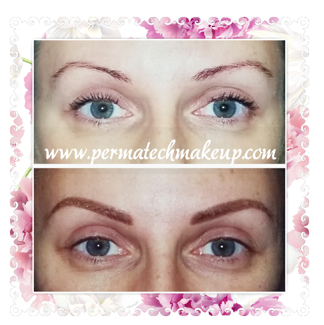 Before and after of eyebrows; top shows sparse brows, bottom shows filled-in, defined brows.