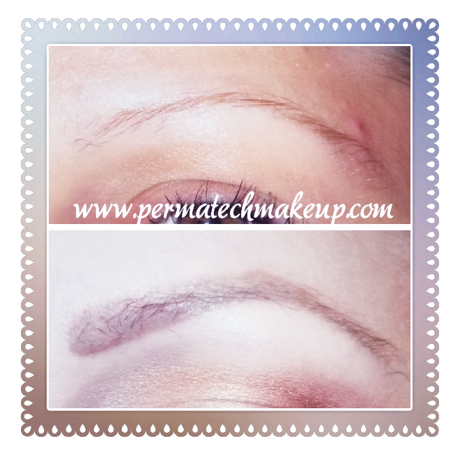 Eyebrow comparison: Before and after semi-permanent makeup. Top shows sparse brows, bottom shows filled-in brows.