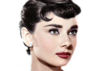 Audrey Hepburn with dark hair, looking off-camera; wearing lipstick and earrings.