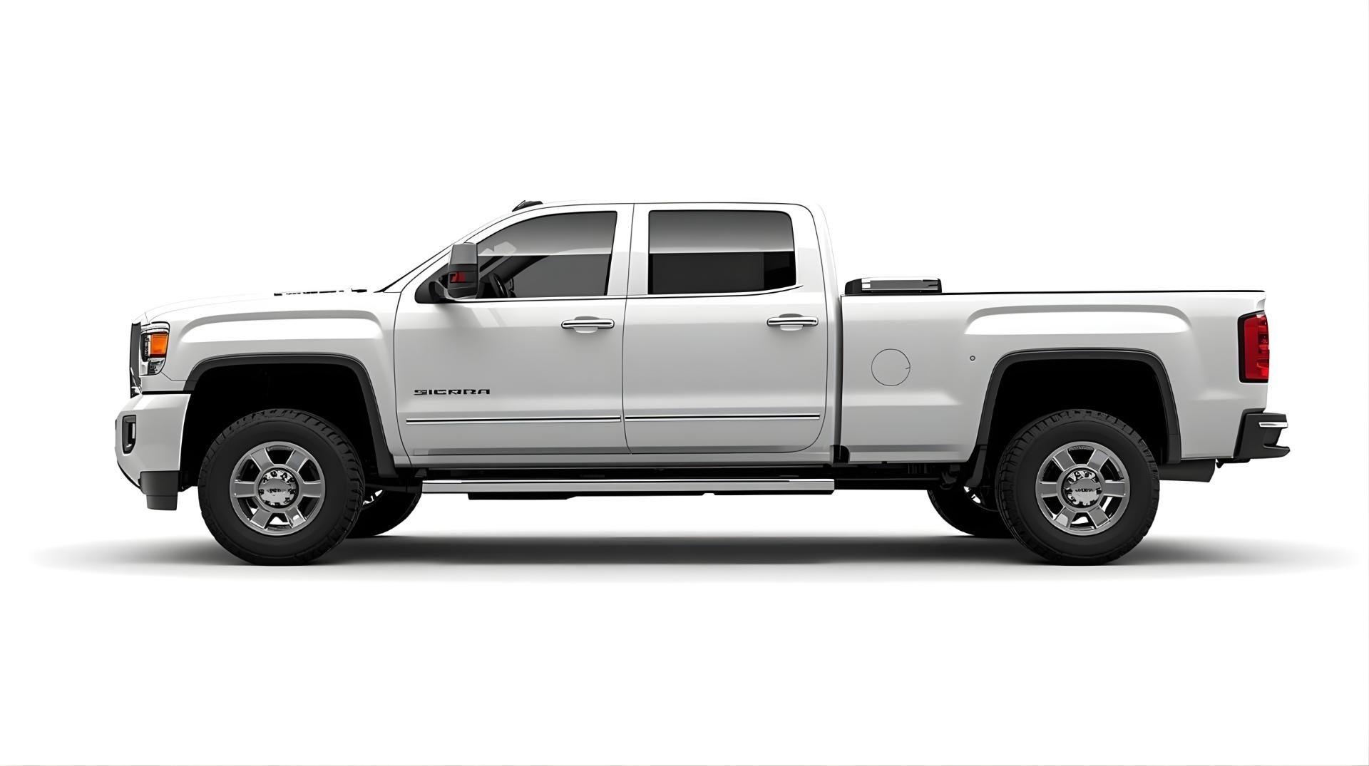 White pickup truck in side view on a plain background