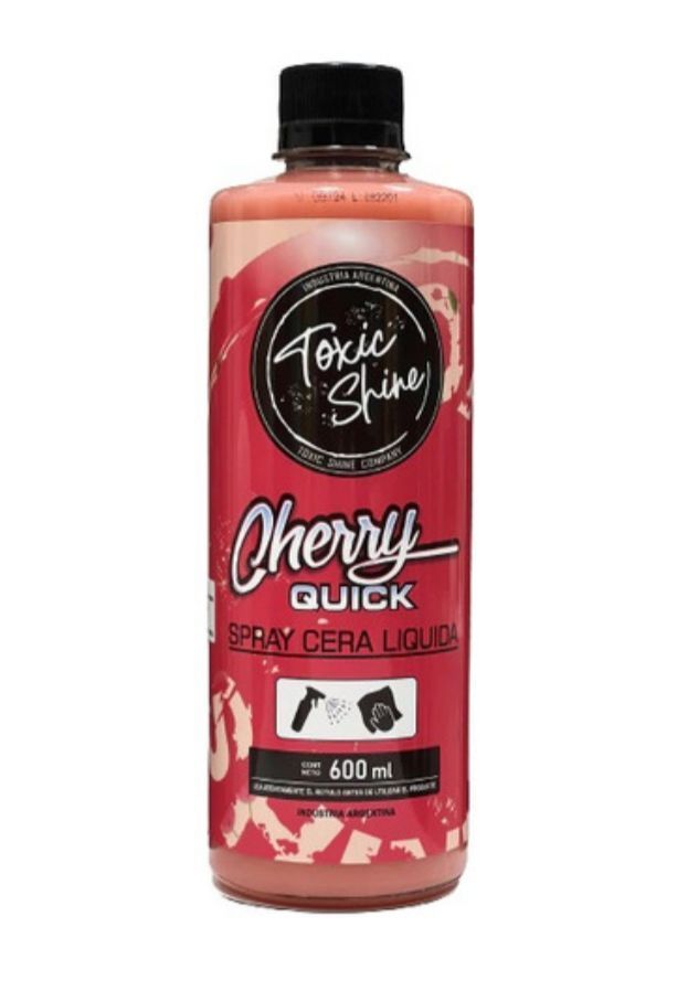Botella de cera en aerosol Toxic Shine Cherry Quick. Líquido rojo, tapa y etiqueta negras.