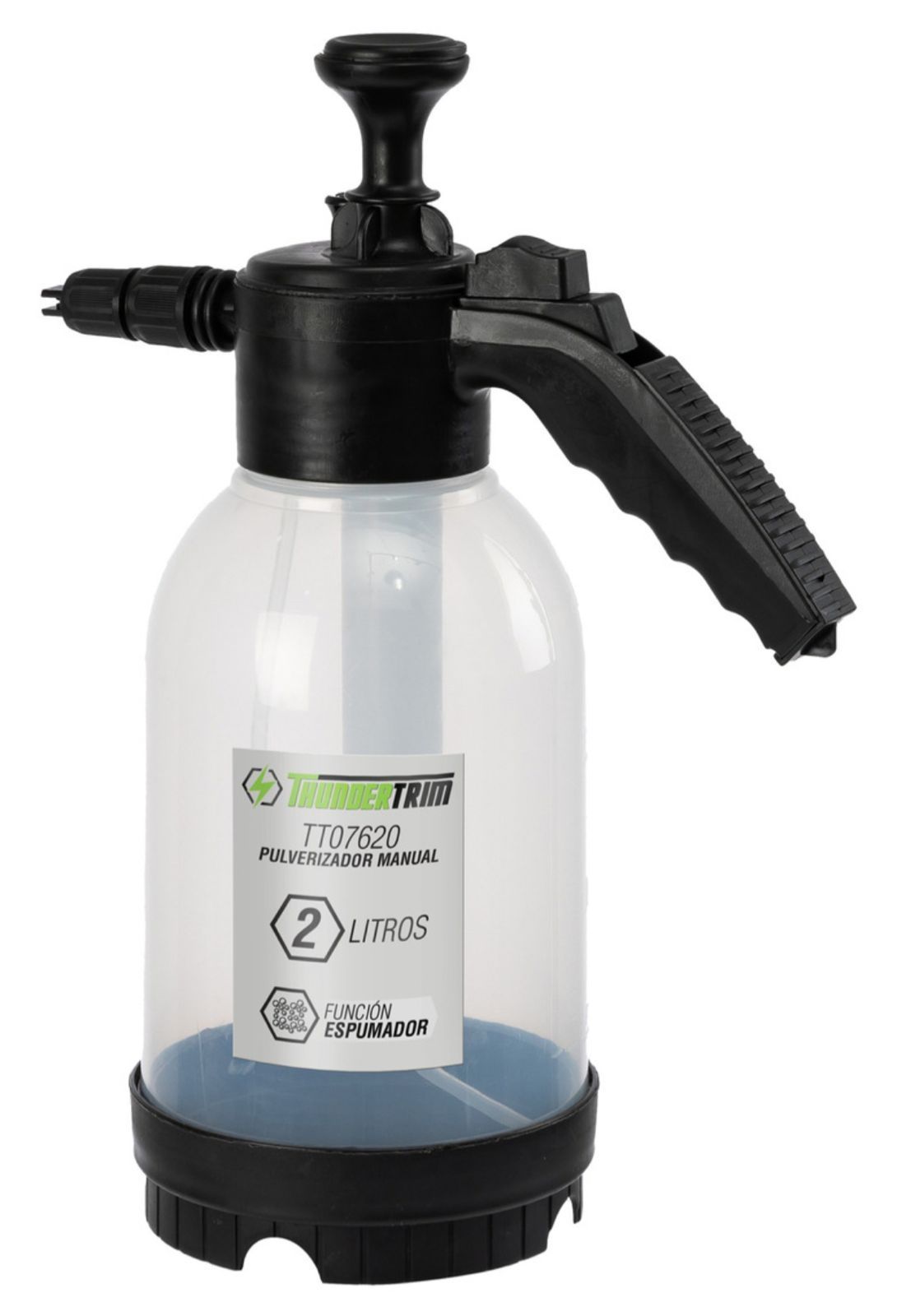 Pulverizador manual con bomba y mango de color negro, botella transparente y base azul.