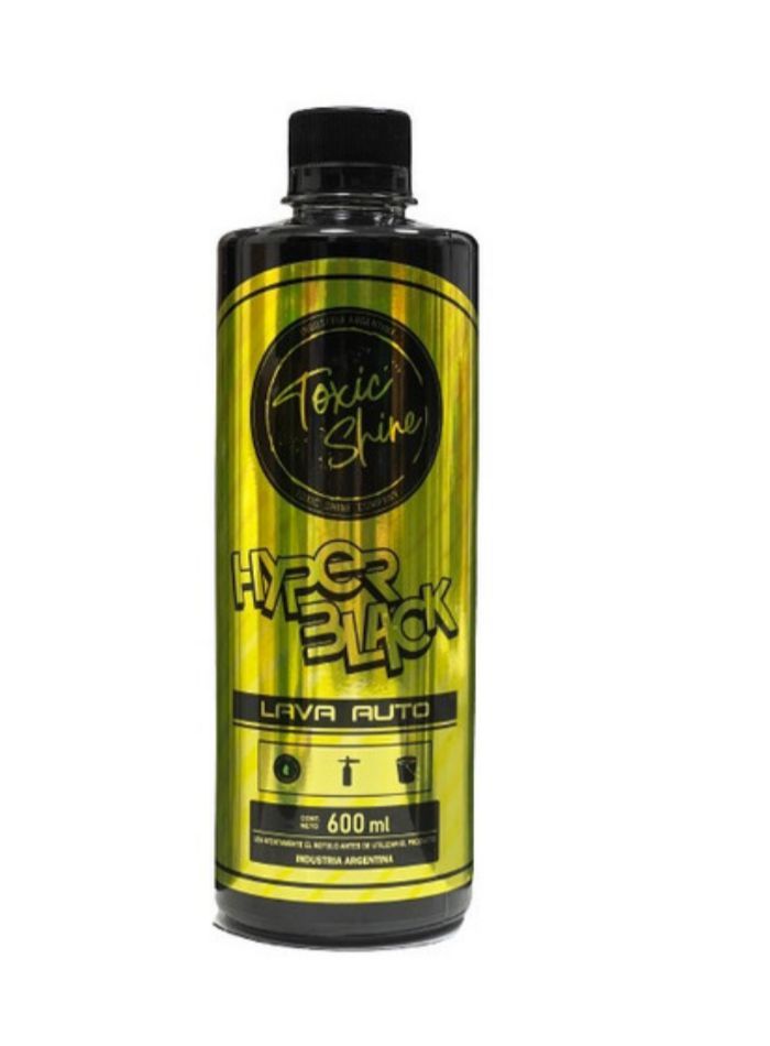 Botella negra de lavado de coche Toxic Shine Hyper Black con etiqueta dorada, 600 ml.