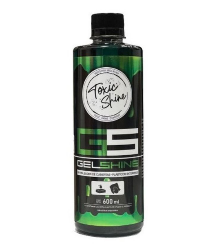 Botella de producto para detallado de automóviles Toxic Shine G5 Gelshine, líquido verde oscuro.