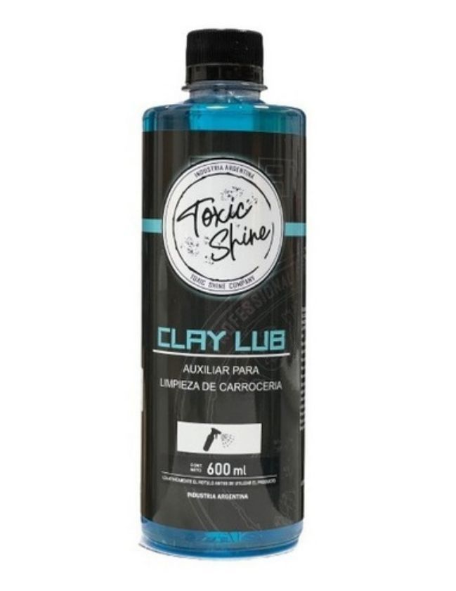 Botella de lubricante de arcilla Toxic Shine para detallado de autos. Líquido azul, etiqueta negra y texto blanco y azul.