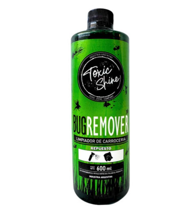 Botella verde de limpiador de automóviles "Toxic Shine Bug Remover".