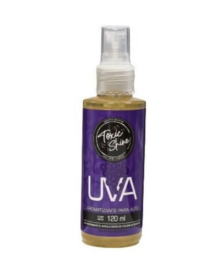 Una botella de humectante para el cabello "Tokie Shine" con una etiqueta violeta que dice "UVA".