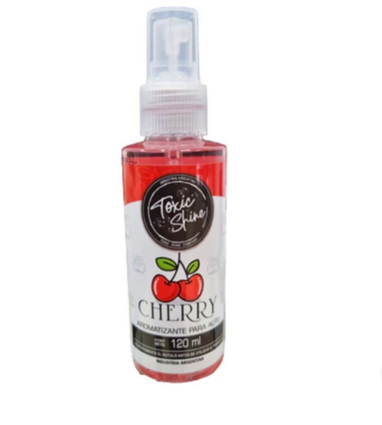 Botella ambientadora en spray “Toxic Shine” con aroma a cereza, líquido rojo, etiqueta blanca, gráfico de cereza,