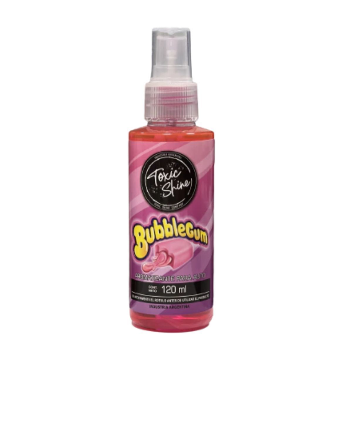 Botella de spray corporal con aroma a chicle, con etiqueta rosa y violeta y boquilla pulverizadora.