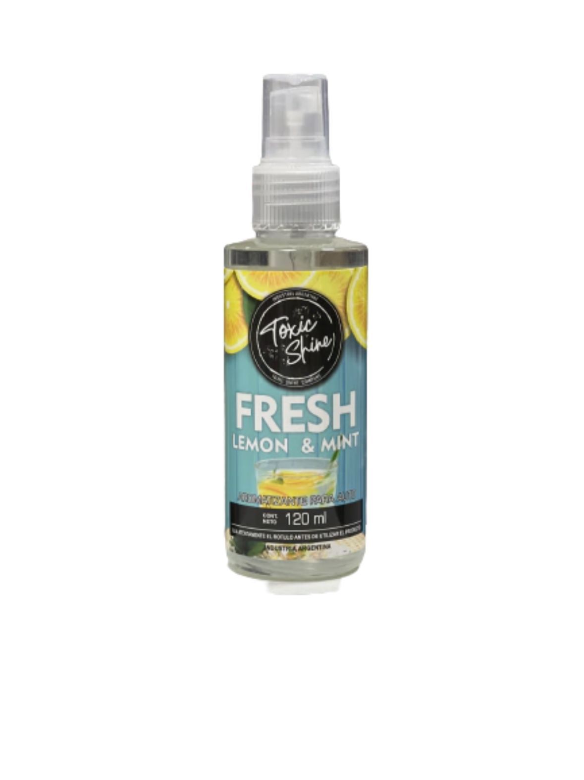 Botella de spray “Fresh Lemon & Mint”, que presenta una etiqueta con limones y menta.