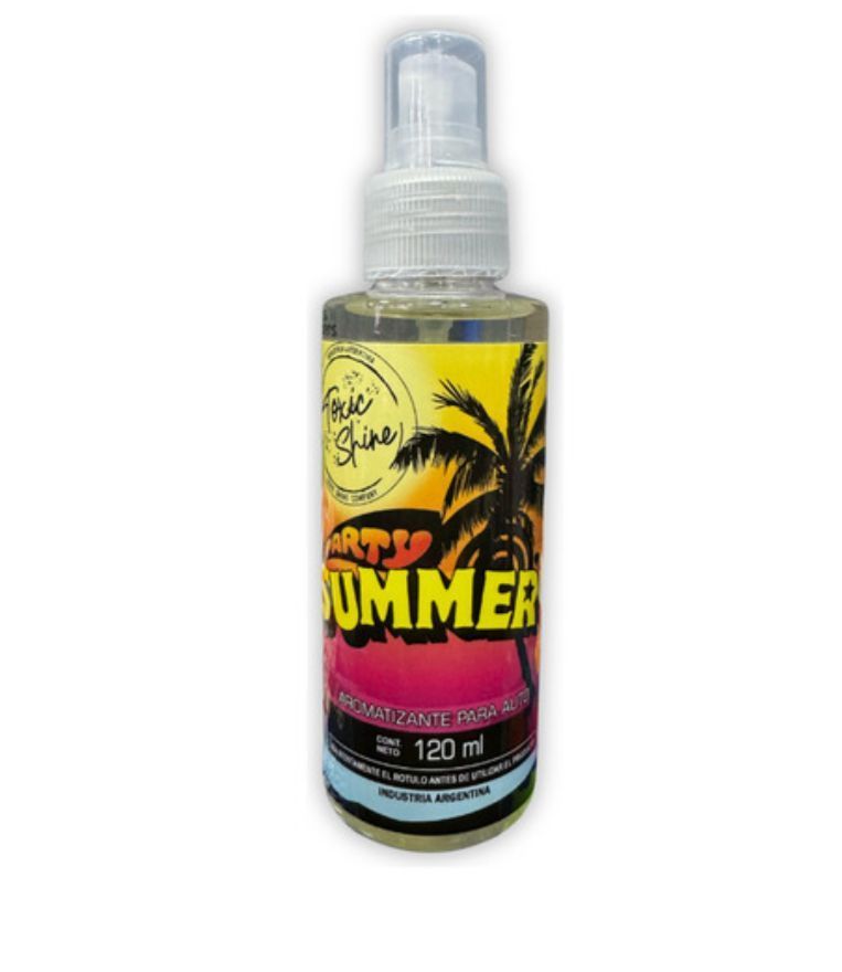 Botella de fragancia en spray "Arti Summer" con gráfico de palmera.
