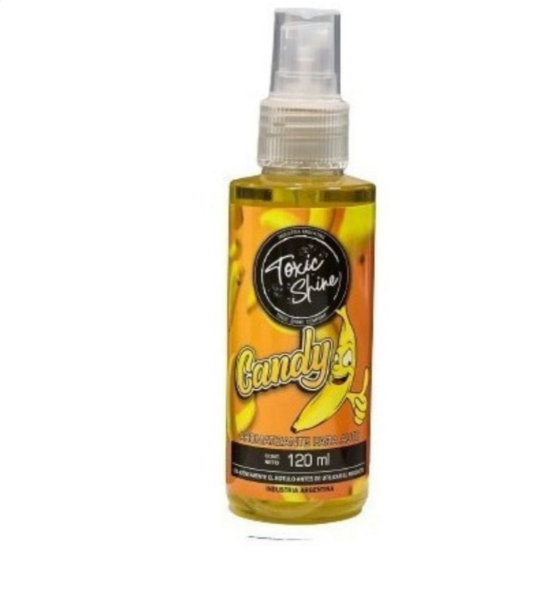 Botella de ambientador para coche “Toxic Shine Candy”, con aroma a plátano, con etiqueta amarilla y negra.