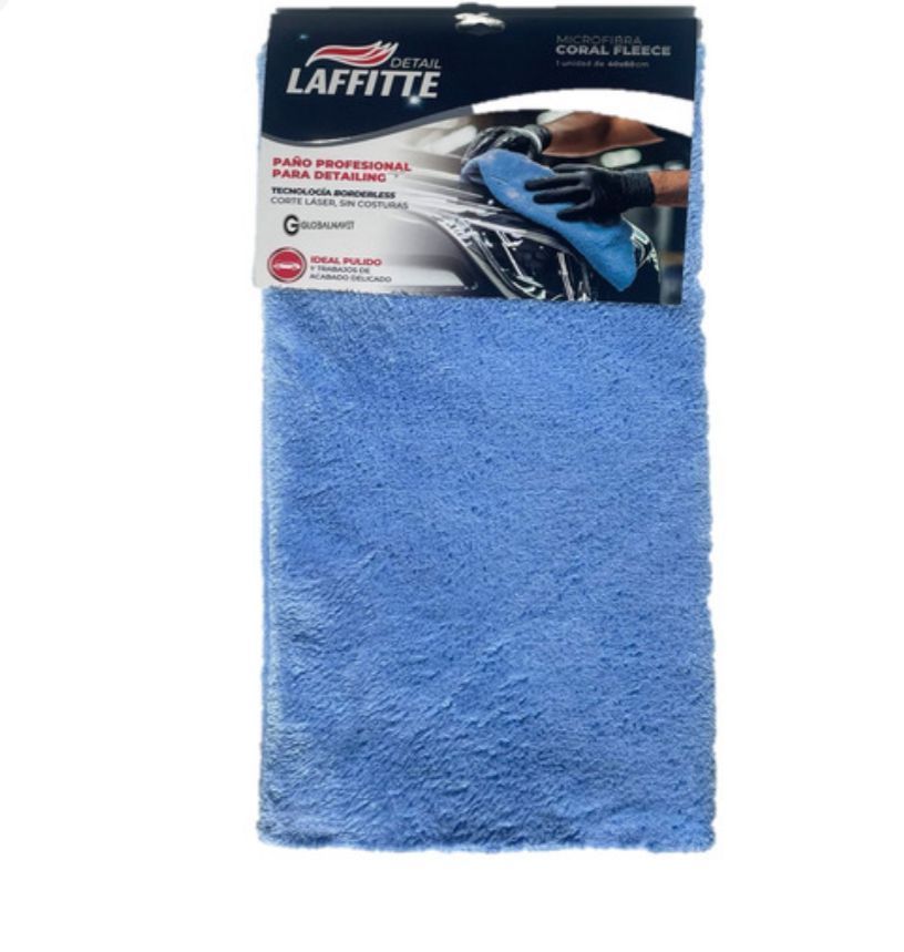 Paño de microfibra azul para detalles, con embalaje etiquetado "LAFFITE".