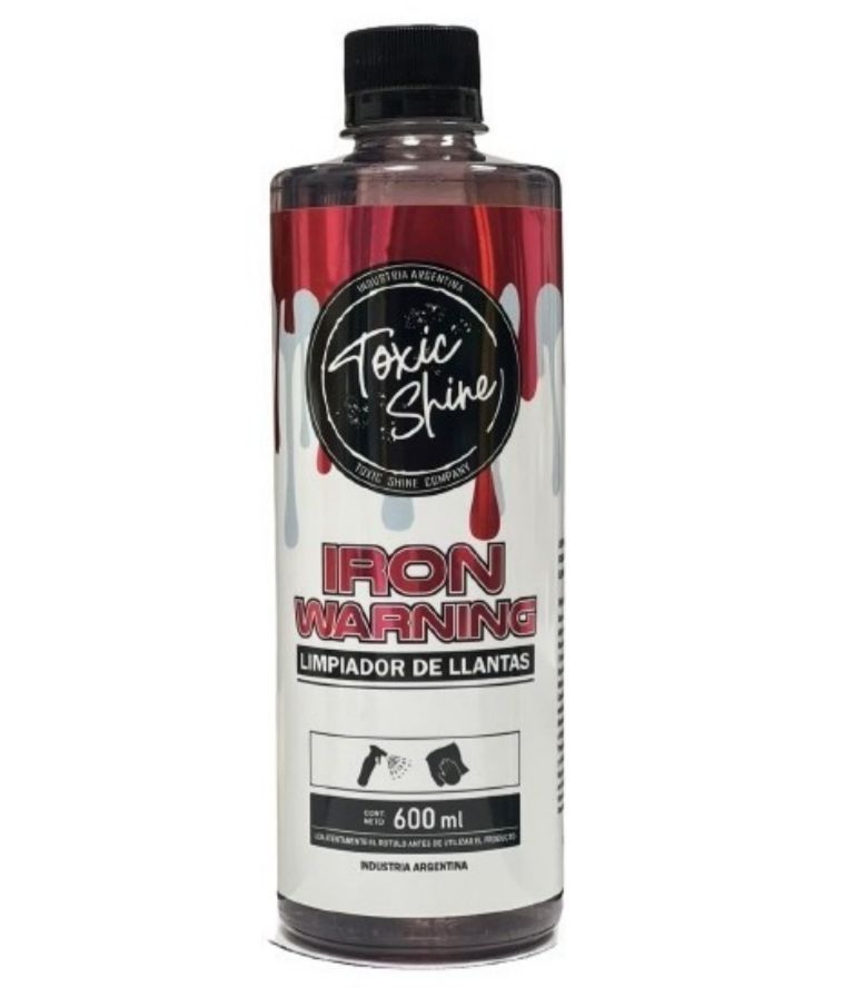 Botella de limpiador de neumáticos Toxic Shine Iron Warning con tapa negra y detalles en rojo.