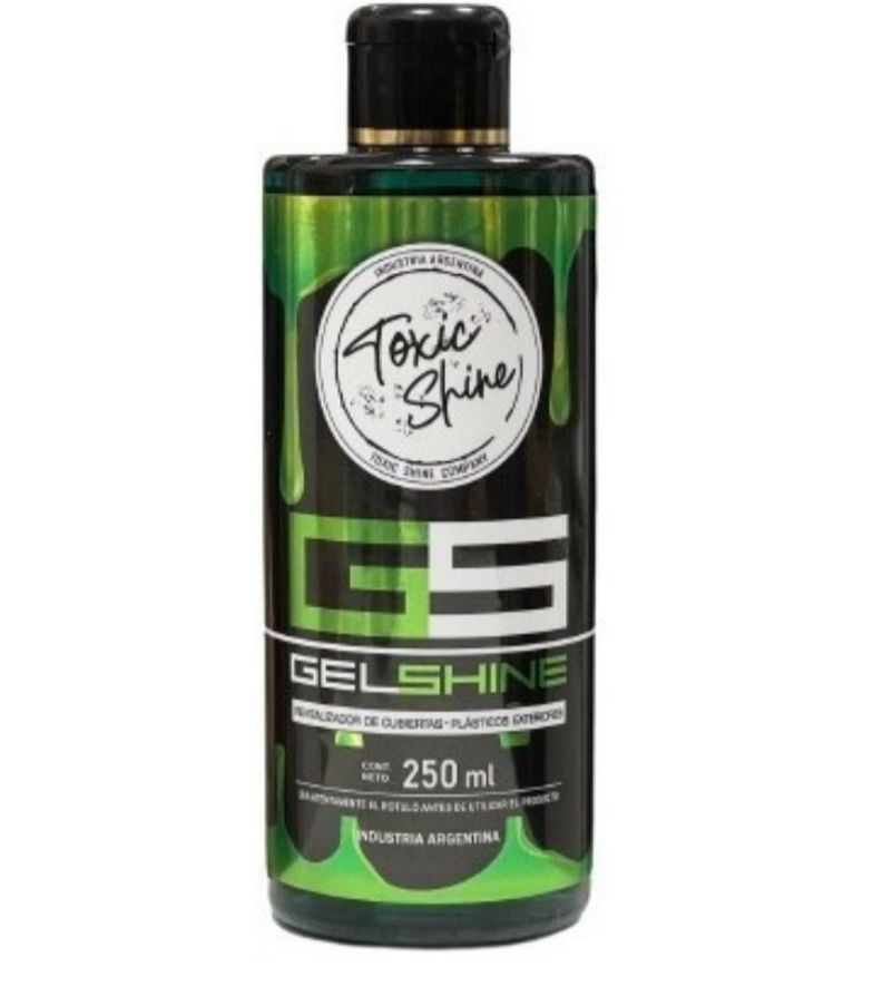 Botella de producto para el cuidado del automóvil Toxic Shine GelShine; etiqueta verde y negra, 250 ml.