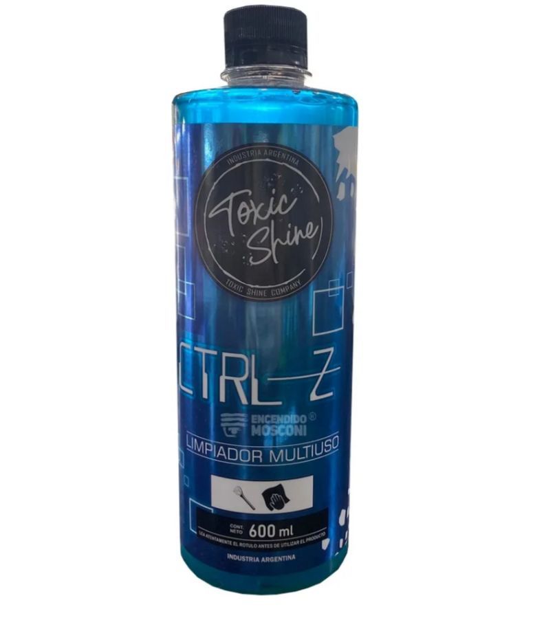 Botella de limpiador multiusos Toxic Shine CTRL-Z azul, tapón negro, 600 ml.