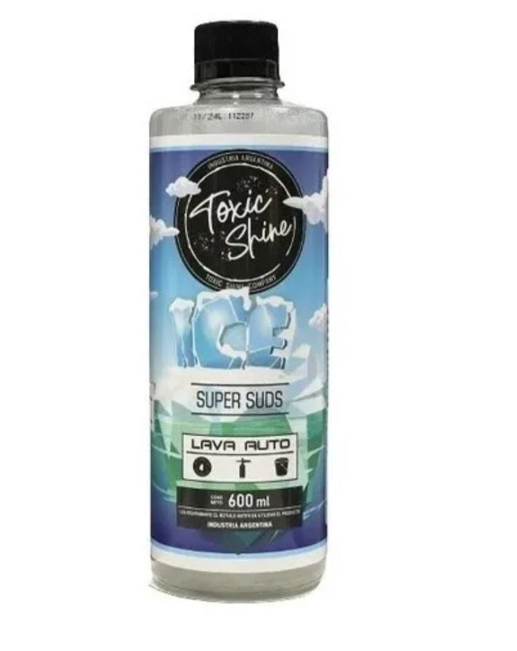 Botella de jabón para lavado de autos "Toxic Shine ICE Super Suds". Etiqueta azul, tapa negra, 600 ml, Argentina.