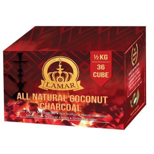 Box of Lamar All Natural Coconut Charcoal for hookah, red and gold. Contains 36 cube pieces, half a KG.