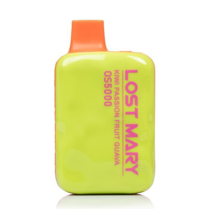 A Lost Mary OS5000 Kiwi Passion Fruit Guava vape in lime green and orange.