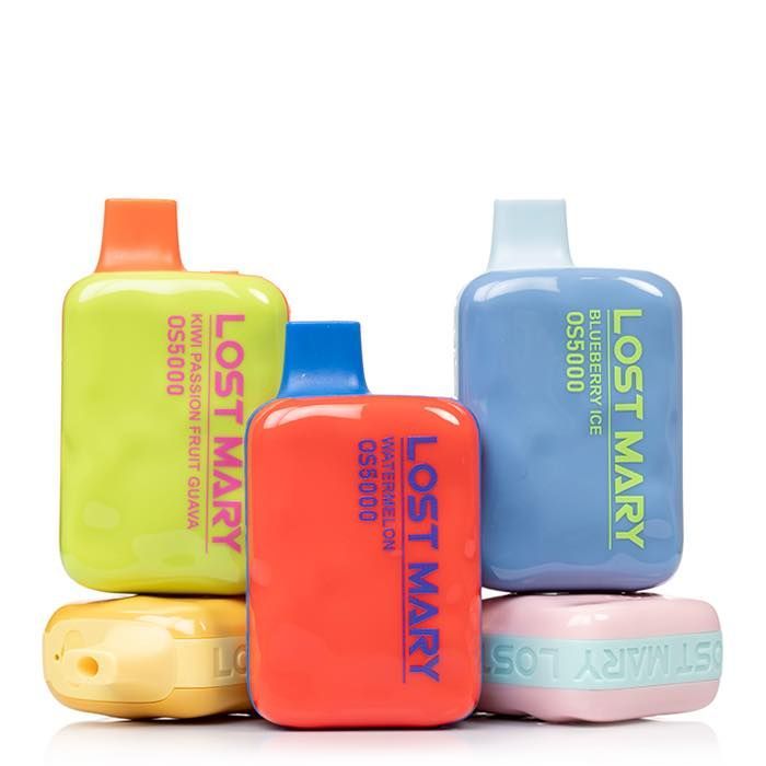 Three colorful Lost Mary OS5000 disposable vapes. Flavors include watermelon, blueberry ice, and kiwi passion fruit guava.