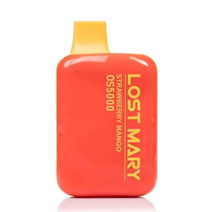 Red Lost Mary OS5000 vape with strawberry mango flavor and yellow mouthpiece.