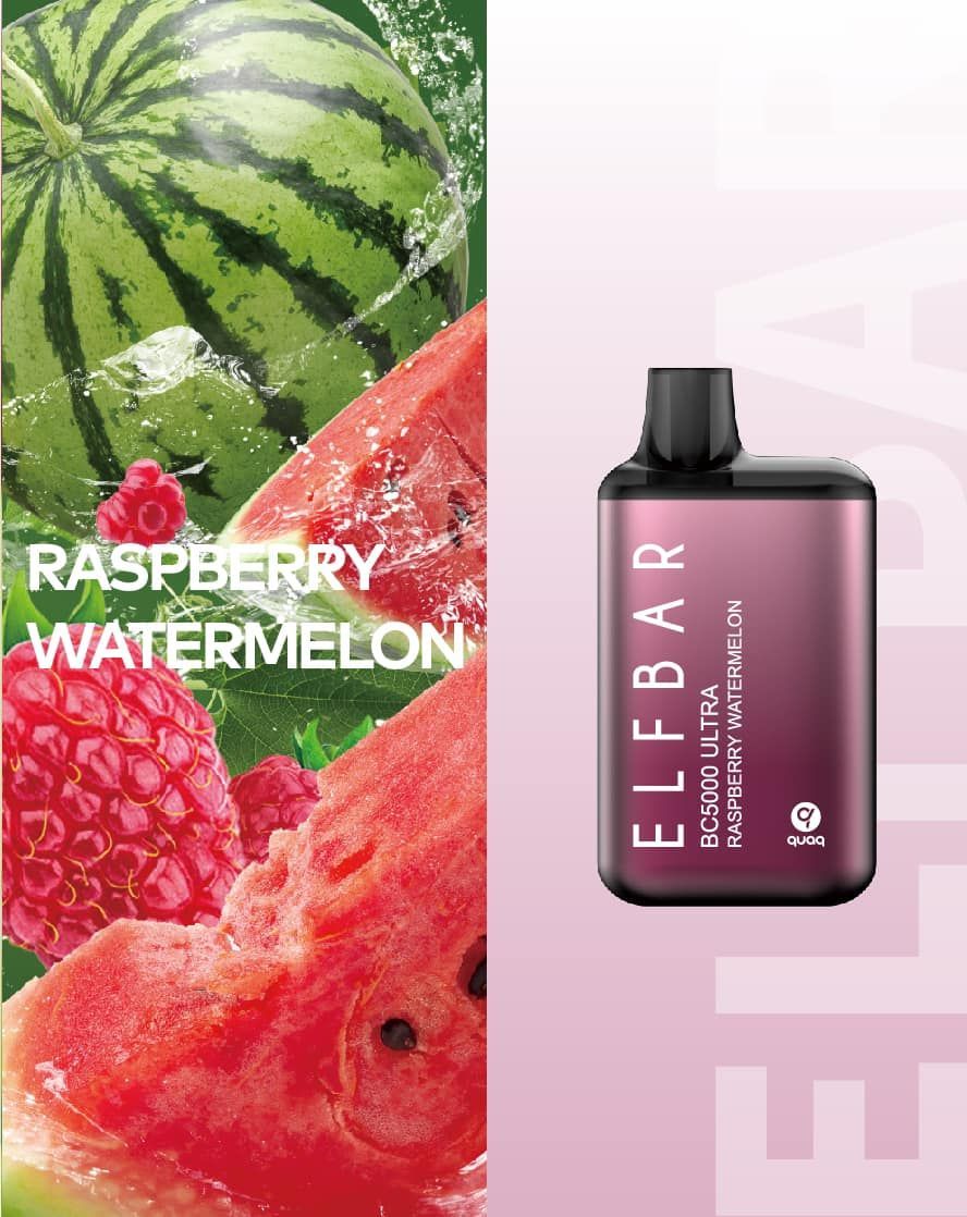 Elfbar BC5000 Ultra vape in raspberry watermelon flavor next to a photo of watermelon and raspberries.