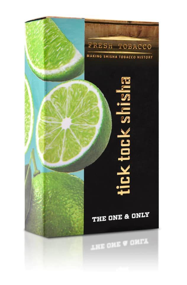 Box of lime-flavored shisha tobacco; lime slices on a teal and black background.