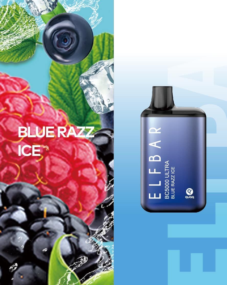 Elf Bar vape, Blue Razz Ice flavor, with fruit imagery on the left, and product packaging on the right.
