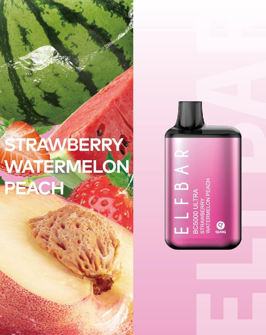 Elf Bar vape in strawberry, watermelon, peach flavor, next to a watermelon, strawberry and peach.